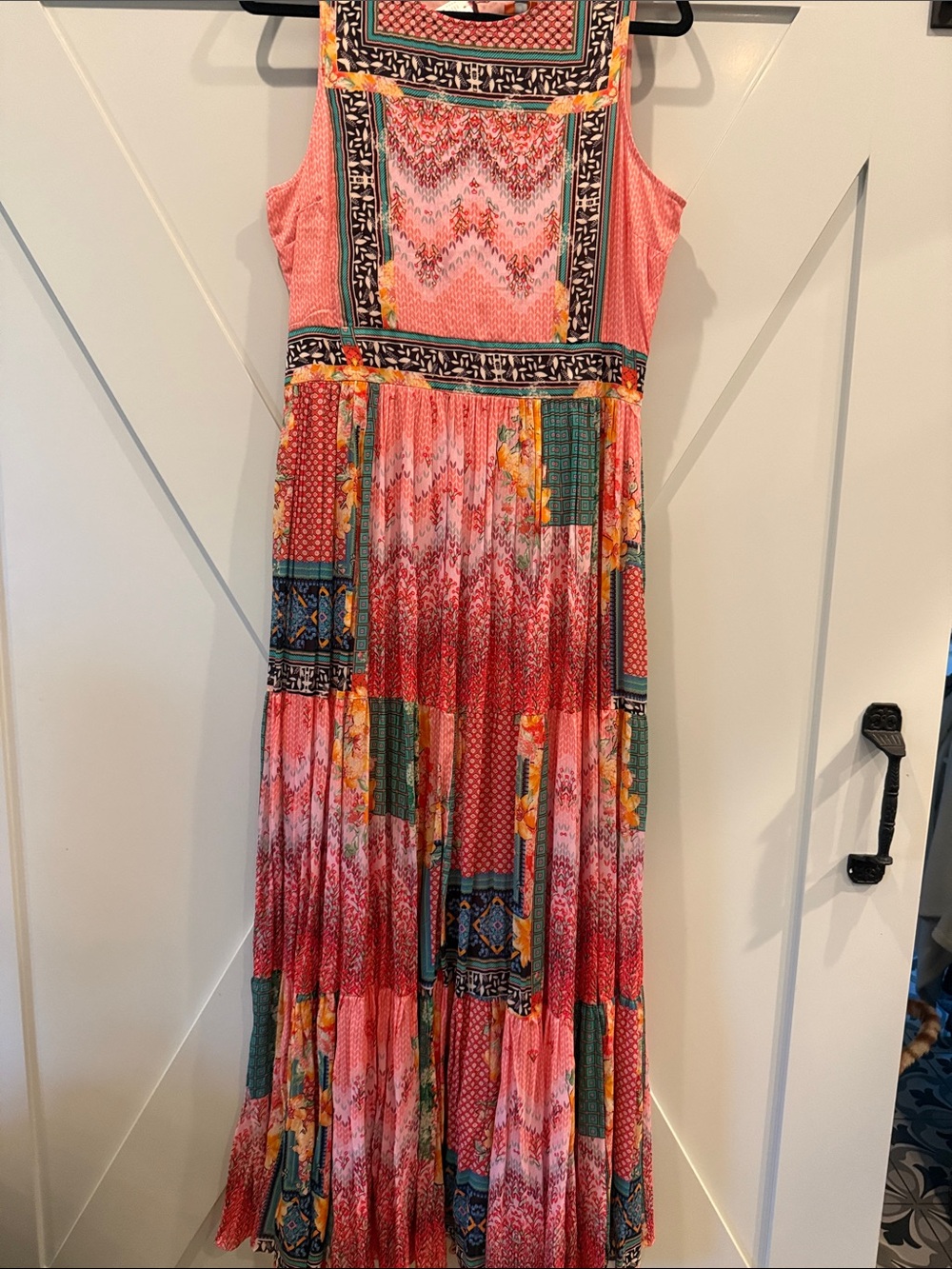 Anthropology Women's Pink Patchwork Maxi Dress with Floral & Geometric Panels